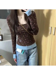 Aiertu  Harajuku Sweet Spliced Constrast Color Slim Fit T Shirt  High Street  Y2k Aesthetic Clothes Women Floral Print Japan Crop Top Aiertu