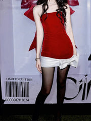 Aiertu  -  Women's Christmas Red Bow Dress Vintage Sleeveless Off Shoulder Mini Dresses Y2k Elegant One Piece Frocks 2000s Coquette Clothes Aiertu