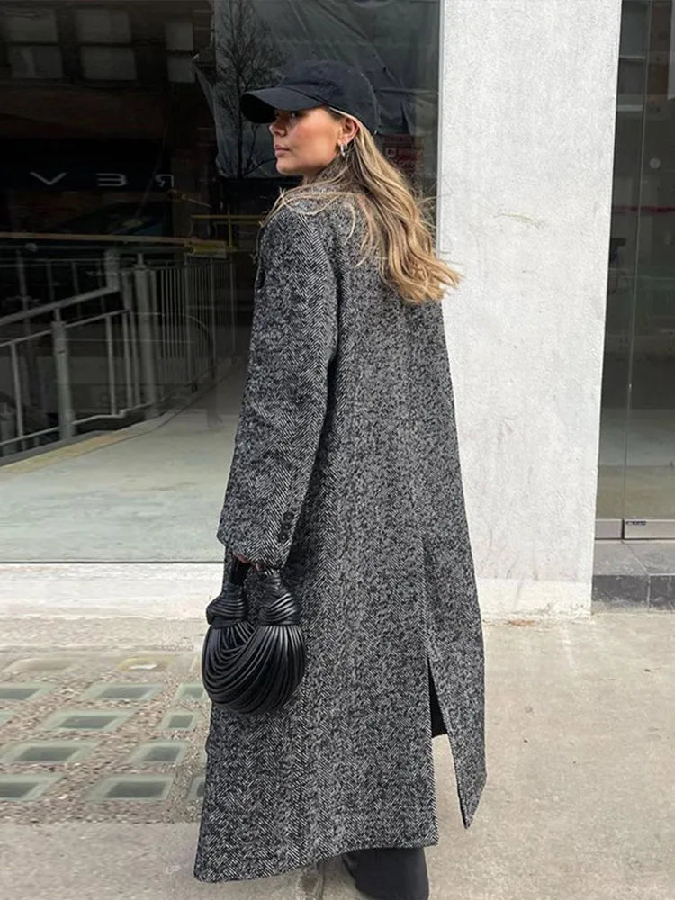 Aiertu  -  Elegant Woolen Solid Women Windbreak Full Sleeve Double Breasted Female Maxi Coat 2026 Autumn Winter Lapel Loose Lady Overcoat Aiertu