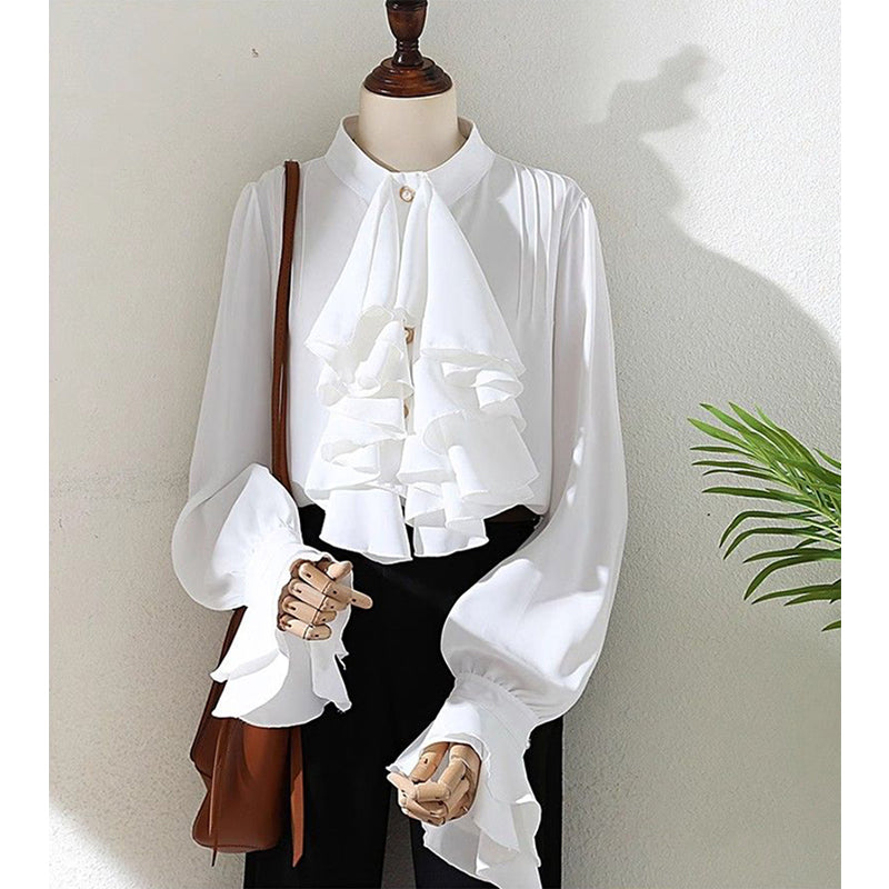 Aiertu Vintage White Shirts Women Elegant Ruffles Flare Long Sleeve Blouses Office Ladies Korean Single Breasted Design Chic Tops Aiertu