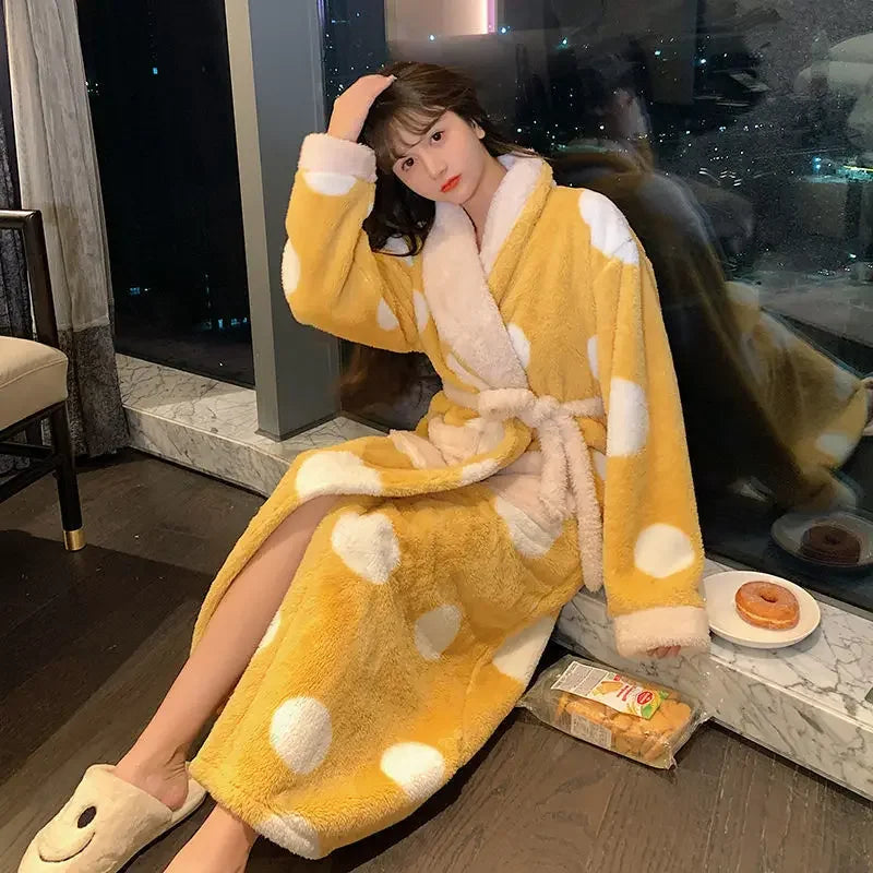 Aiertu  -  Women Print Mid-calf Robes Design Winter Warm Thick Korean Style Homewear Lounge Casual Popular Feminino Fashion Loose Bathrobe Aiertu