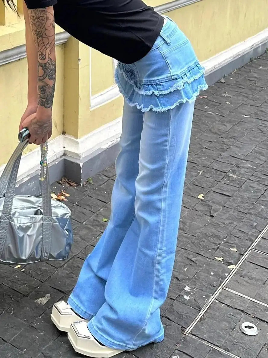 Aiertu  -  Y2K American Casual Washed Spliced Women's Jeans New Fashion Y2K High-waisted Jeans Hip-hop Slim Micro-flared Wide-leg Trousers Aiertu