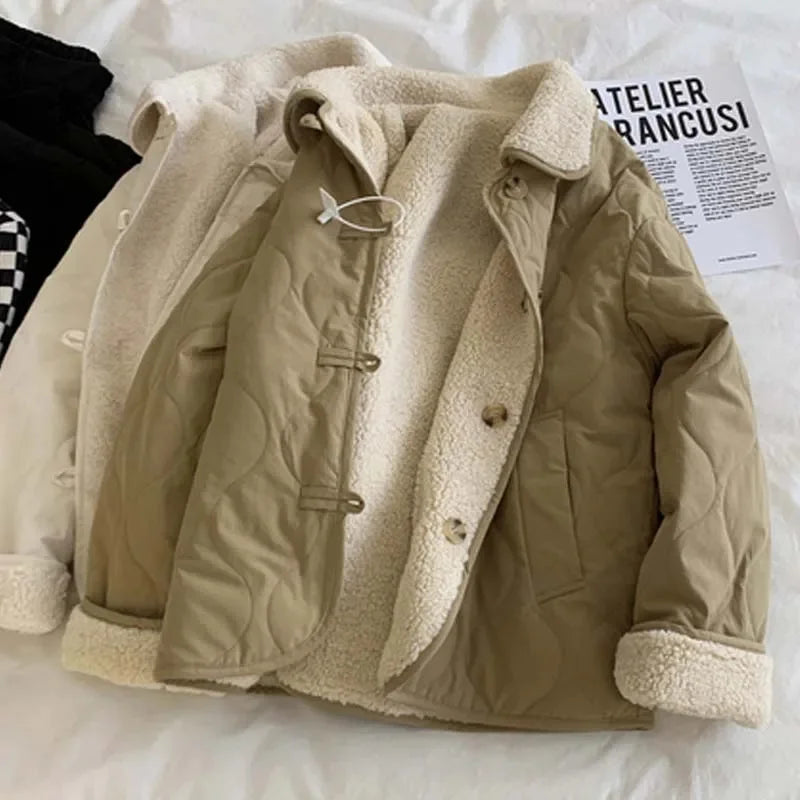 Aiertu  -  party look snspos Khaki Color Two Faced Lamb Cashmere Cotton Jacket Popular for Women in Autumn Winter Small Stature New Loose Popular Style Aiertu