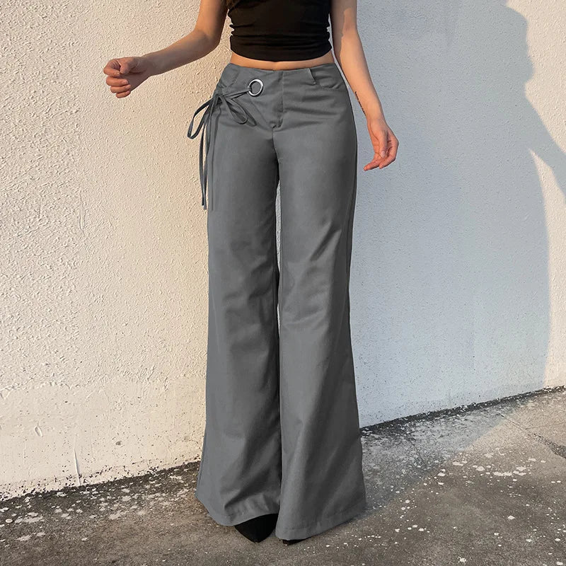 Aiertu  -  Lace-up Low Rise Baggy Pants New Arrivals 2025 Woman Gray Black Wide Leg Trousers Elegant Clothes P77-DA40 Aiertu