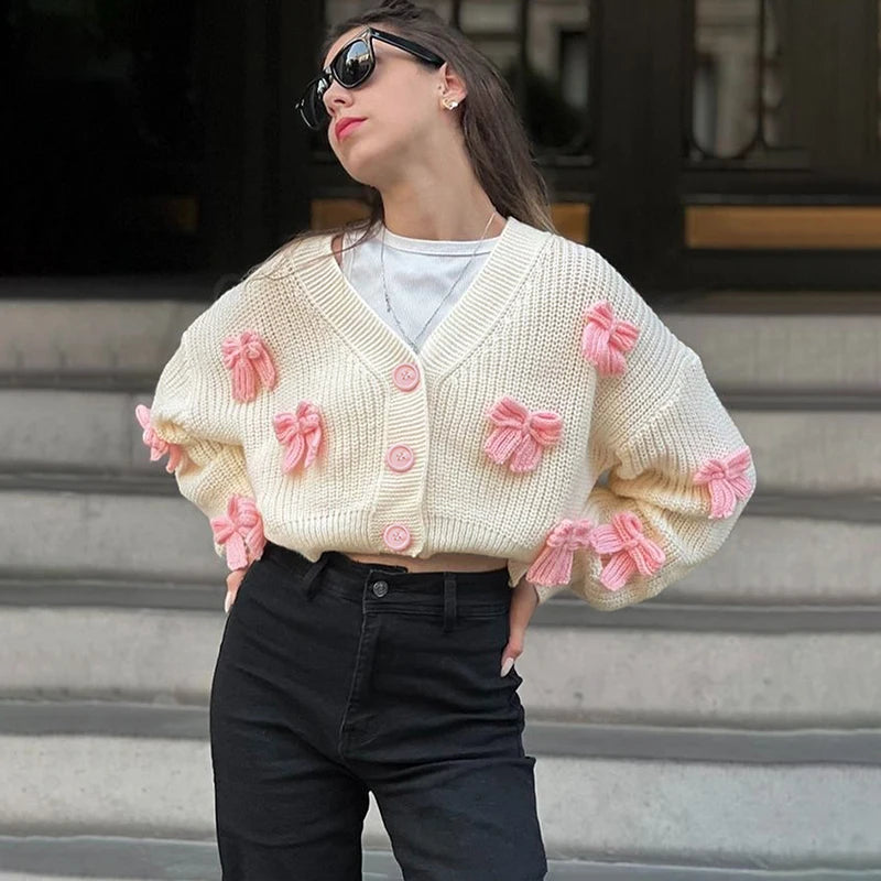 Aiertu  -  Bows Sweater Cardigan For Women V Neck Long Sleeve Autumn Winter Knitted Short Cardigan Lazy Single Breasted Chic Fashion Aiertu
