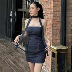 Aiertu - Off-Neck Tie Strapless Mini Dress Aiertu