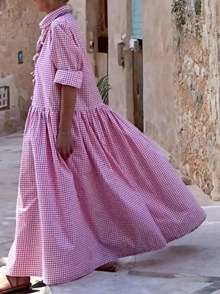 Aiertu  -  Women Spring Autumn New Casual Fashion Plaid Pleated Lapel Shirts Dress Long Sleeve Loose Going Out Vacation Maxi Dresses Aiertu