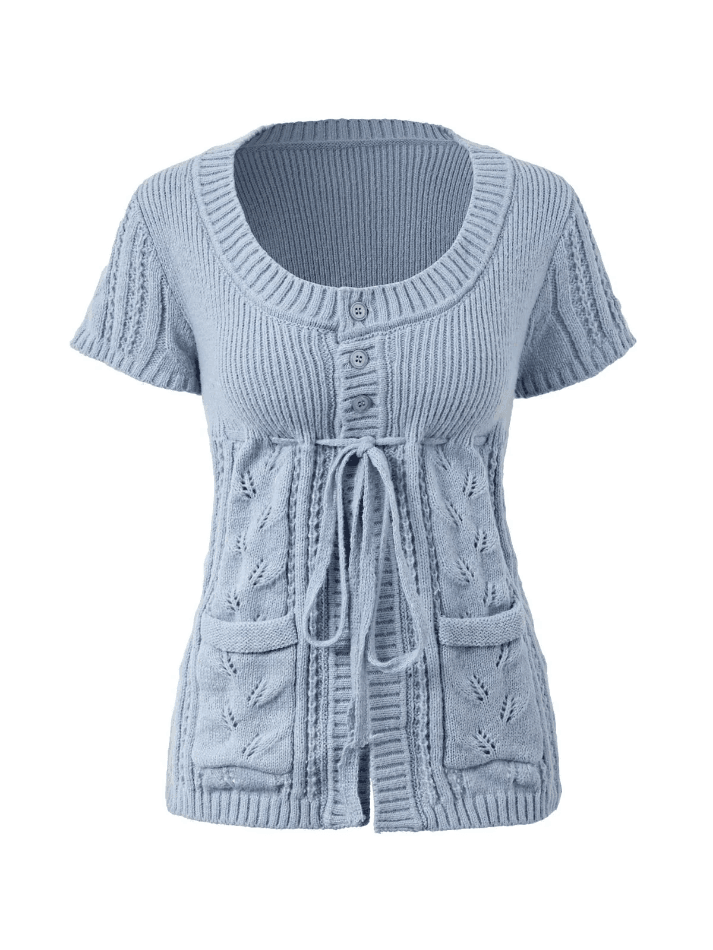 Aiertu  -Buttoned Slit Tie Front Knit Top aiertu