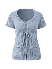 Aiertu  -Buttoned Slit Tie Front Knit Top aiertu
