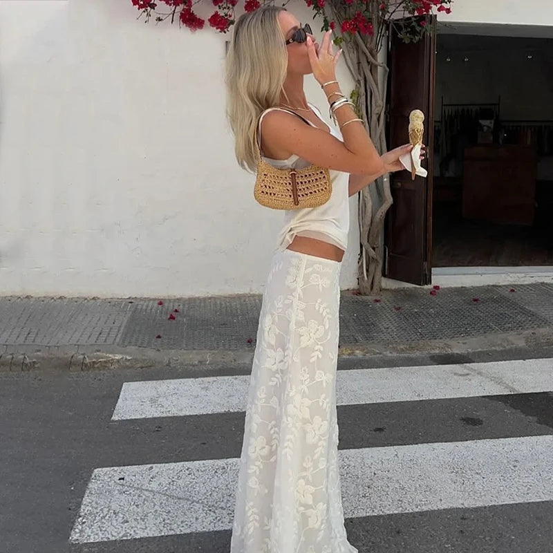 Aiertu  Elegant French A-Line Mesh Fashion Long Skirts Vintage High Waist Casual Y2K Spring Summer Evening Party New Maxi Skirt Aiertu