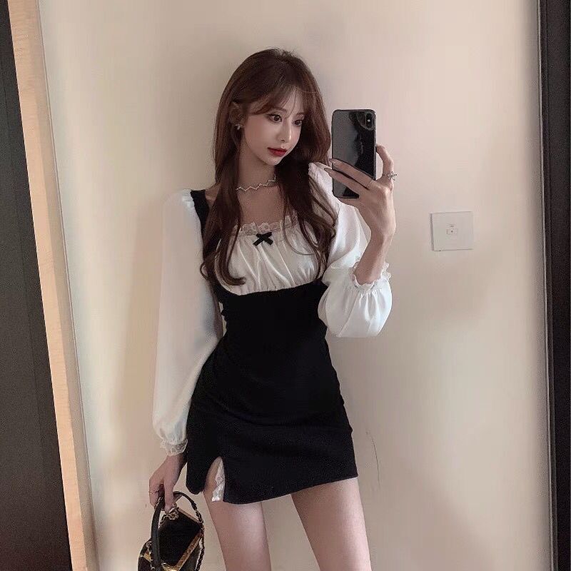 Aiertu - Slim Wrinkled Lace Maid Dress Aiertu