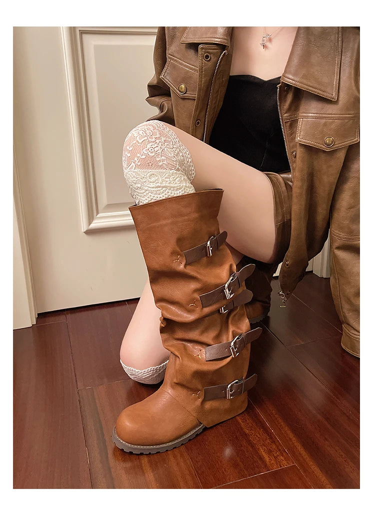 Aiertu    -  Women Knee-high Boots Summer Shoes Woman Knight Boots Woman Designer Buckle Chelsea Long Botas Pu Leather Motorcycle Shoes Aiertu