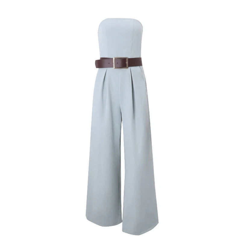 Aiertu  -  Temperament Women Strapless Rompers 2025 Spring Off-shoulder Backless High-waist Folds Jumpsuits Wide Leg Pants With Belted Aiertu