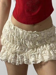 Aiertu  -Lace Ruched Low-Rise Double-Layer Mini Skirt aiertu