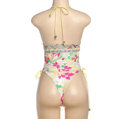 Aiertu  -  Print Beads Lace Up Holiday Beach 2 Piece Set 2026 Summer Women Sexy V-neck Halter Backless Camis Crop Top + Briefs Bathing Suit Aiertu