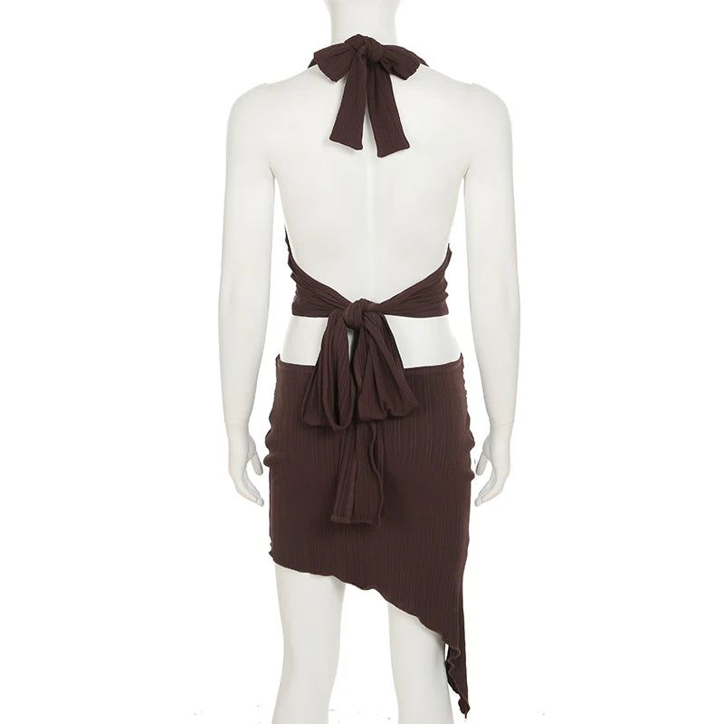 Aiertu  -  Sexy Holiday Style Two Pieces Set Women Summer Cropped Halter Top+Asymmetric Hem With Metal Ring Button Skirt Outfits Aiertu