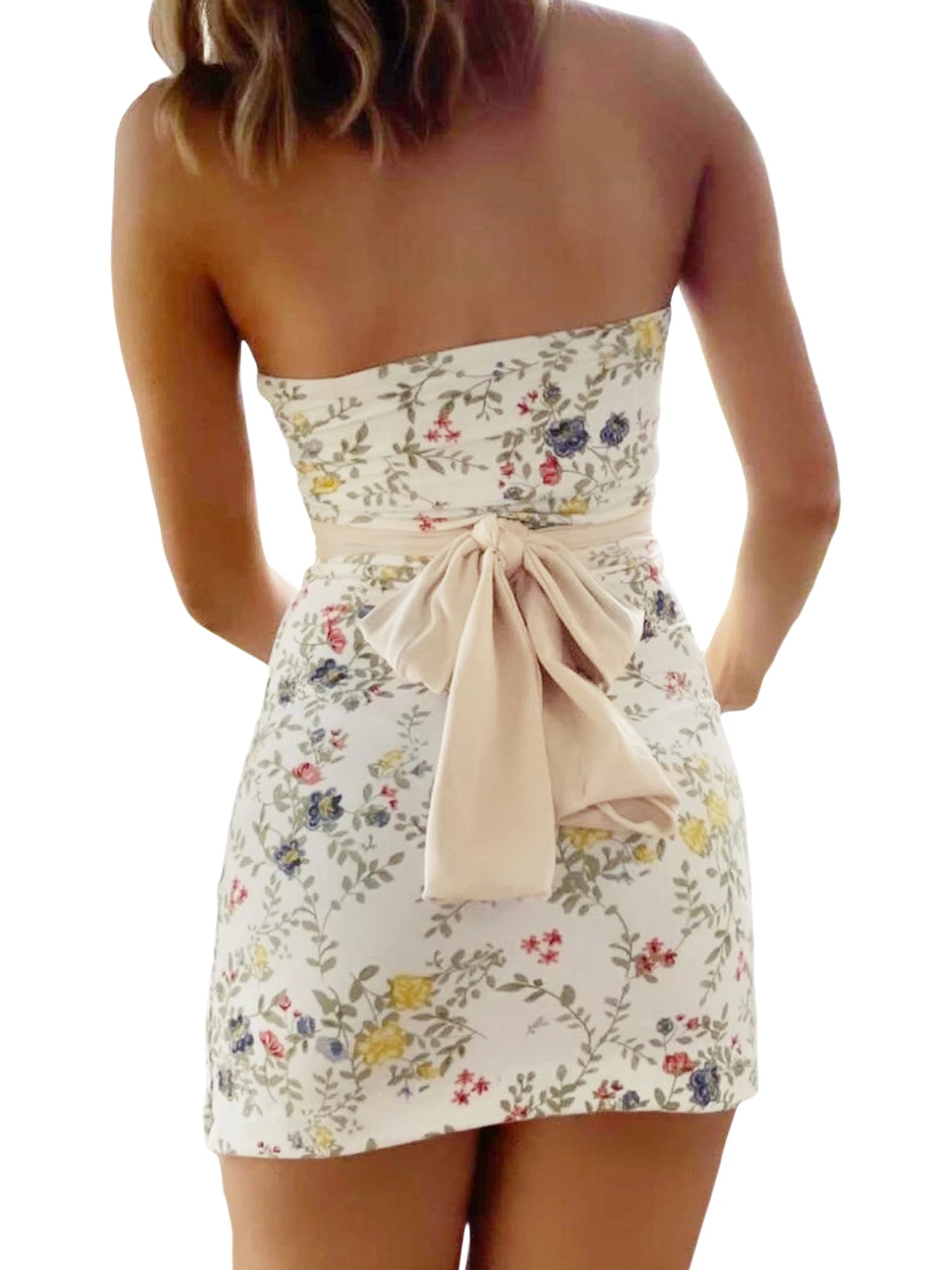 Aiertu Floral Bandeau Tube Top Mini Dress Women Off-Shoulder Strapless Bodycon Party Dress Backless Bow Knotted Vestidos Aiertu