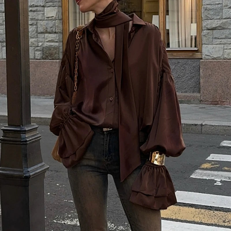 Aiertu  -  cold weather outfits Fashion Flare Sleeve Blouse Shirt with Scarf Y2K Women Vintage Brown Oversized T-shirt Casual Top Autumn Streetwear Aiertu