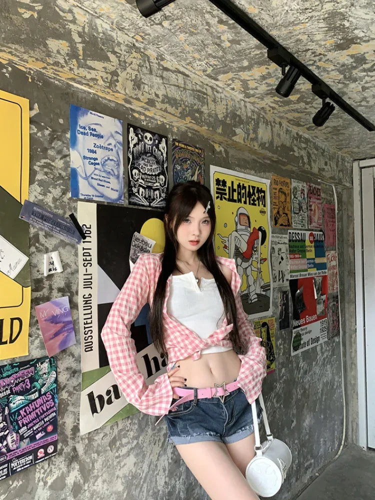 Aiertu  -  Y2k Pink Plaid Women Shirts Check Graphic Long Sleeve Blouses Female Spring Autumn Sexy Slim Button Up Cardigan Chic Ins Aiertu