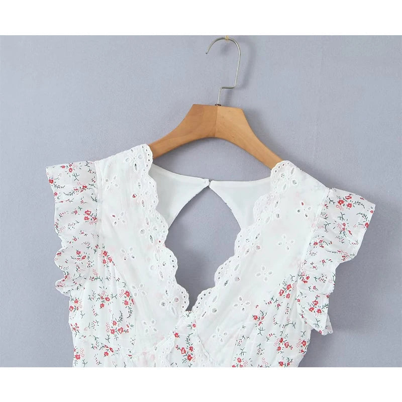 Aiertu  -  Summer Women Lace Embroidery Spliced Flying Sleeve V Neck Floral Print Mini Dresses Aiertu