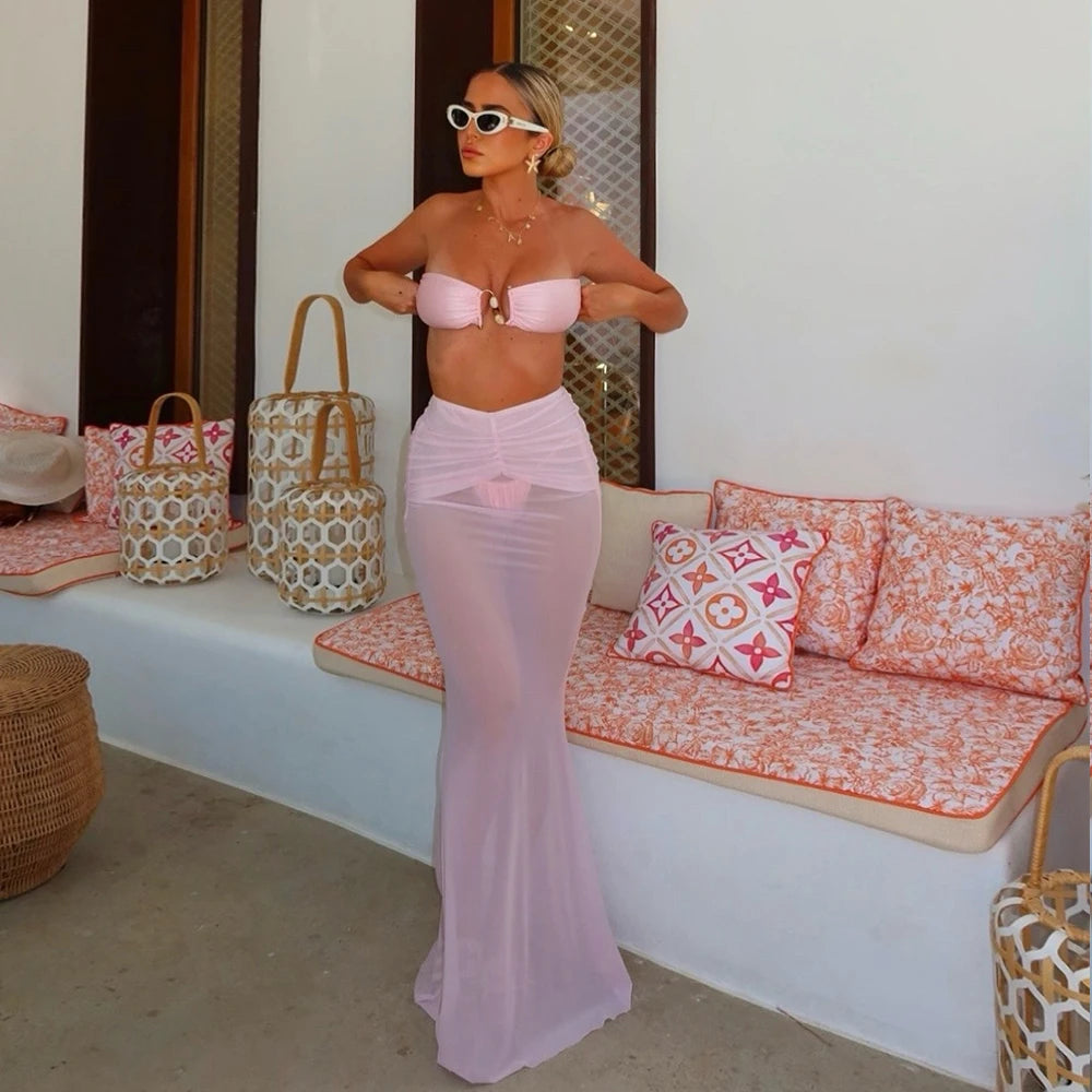 Aiertu  -  3 Pieces Bikini Set Solid Long Skirt Women Swimwear Sexy Bikinis Bandeau Beachwear Bodysuit Micro Thong Biquini Female Aiertu