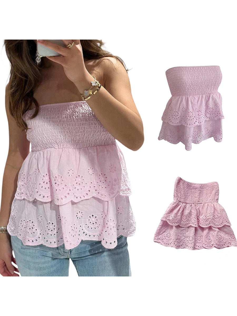 Aiertu  -  Women s Stylish Off-Shoulder Crop Tops with Ruffle Trim and Smocked Waistband for Casual Summer Outfits Aiertu