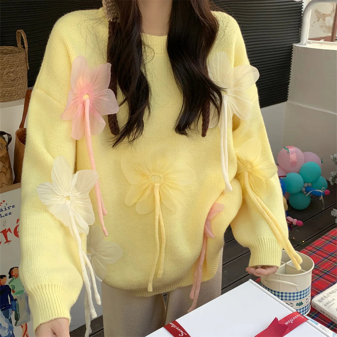 Aiertu  -  Korea Sweet Daily Sweaters Women Chic Loose Knitted 2026 Spring Pullovers Office Lady High Street Florals Gentle Casual Aiertu