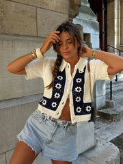 Aiertu  -  Casual Knitted Contrast Flower Cardigan Women Hollow Out Lapel Short Sleeve Single Breasted Sweater Female 2026 Autumn Lady Tops Aiertu