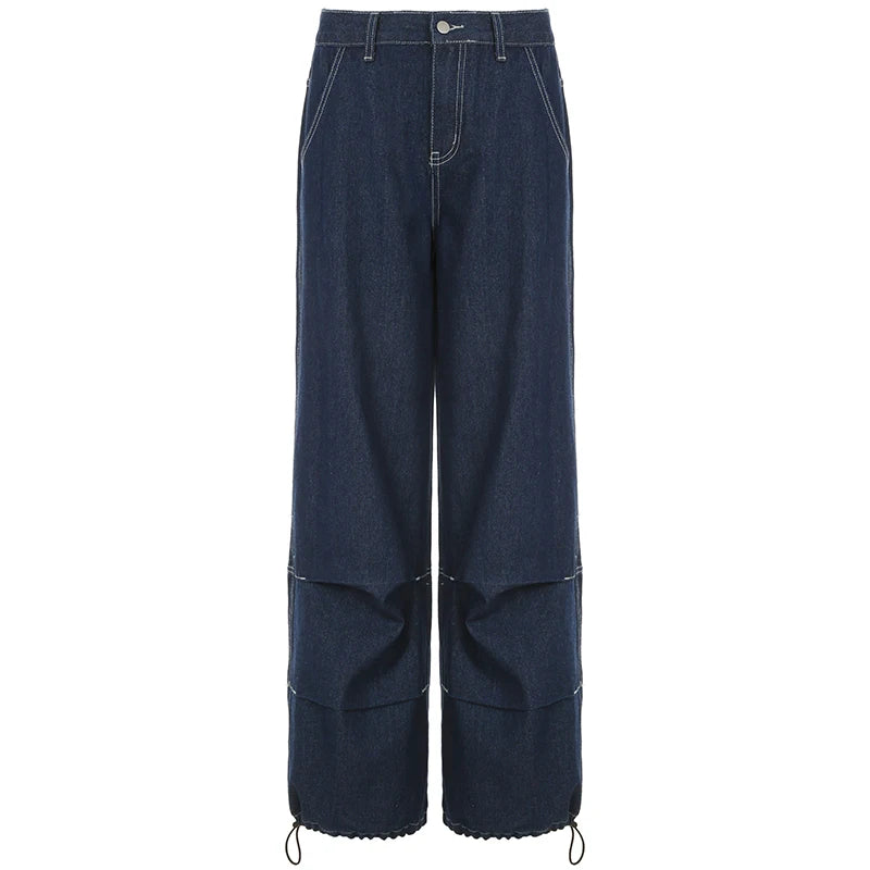Aiertu  -  Harajuku Street Fashion Women Baggy Jeans Fold Detail Y2K Oversized Denim Pants Hip Hop Loose Sweatpants  Dark Blue Aiertu