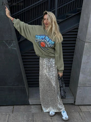 Aiertu  -  Elegant Silk Sequins Women Skirt Dropped Waist Long Skirts Streetwear Classic Skirt Fashion Female Clothing Aiertu