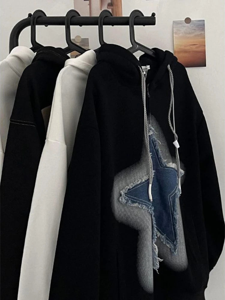 Aiertu  -  Streetwear Vintage Hoodie Zip Up Women Harajuku Aesthetic Patchwork Casual Loose Sweatshirt Zipper Korean Couple Wear Aiertu