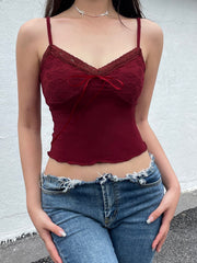 Aiertu - summer inspo Christmas Red Vintage Elegant Camisole Lace Trim V Neck Tie Bow Sleeveless Slim Cute Crop Top Women Y2K Streetwear Clothes Aiertu