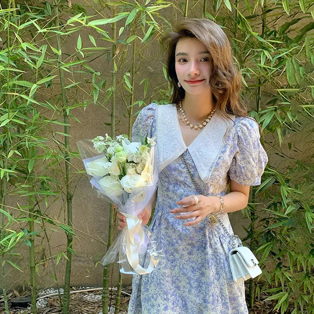 Aiertu  -  Casual Holiday Long Dresses 2024 Women Chic Floral Summer Elegant Prom Evening Bubble Sleeve Maxi Dress For Chiffon Korean Lady Aiertu