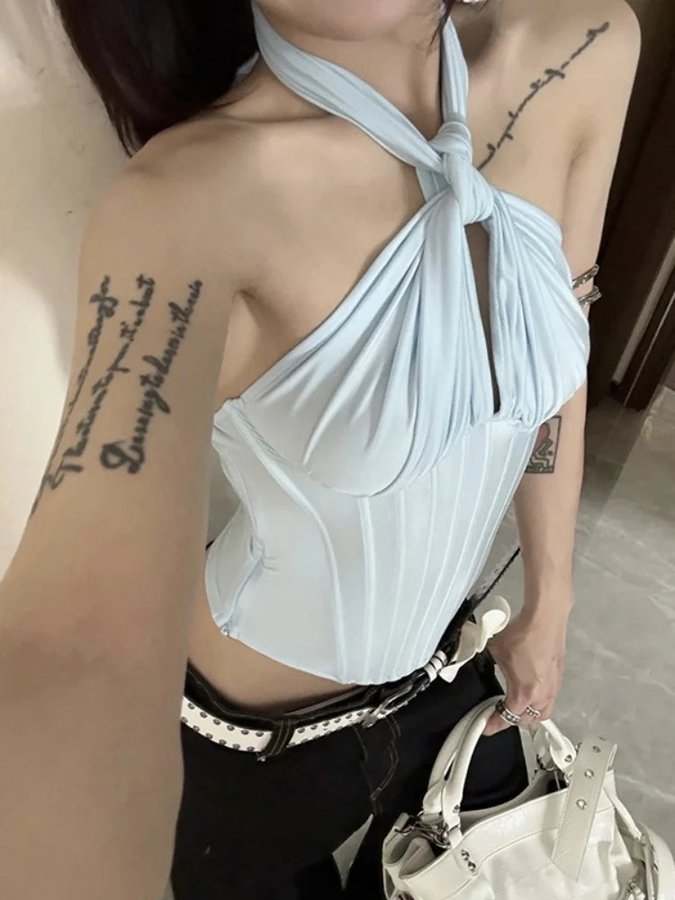 Aiertu  -  Y2k Aesthetic Halter Bandage Pleated Tank Top Women Streetwear Backless Bodycon Tanks 2026 Summer Sexy Grunge Cropped Camisole Aiertu