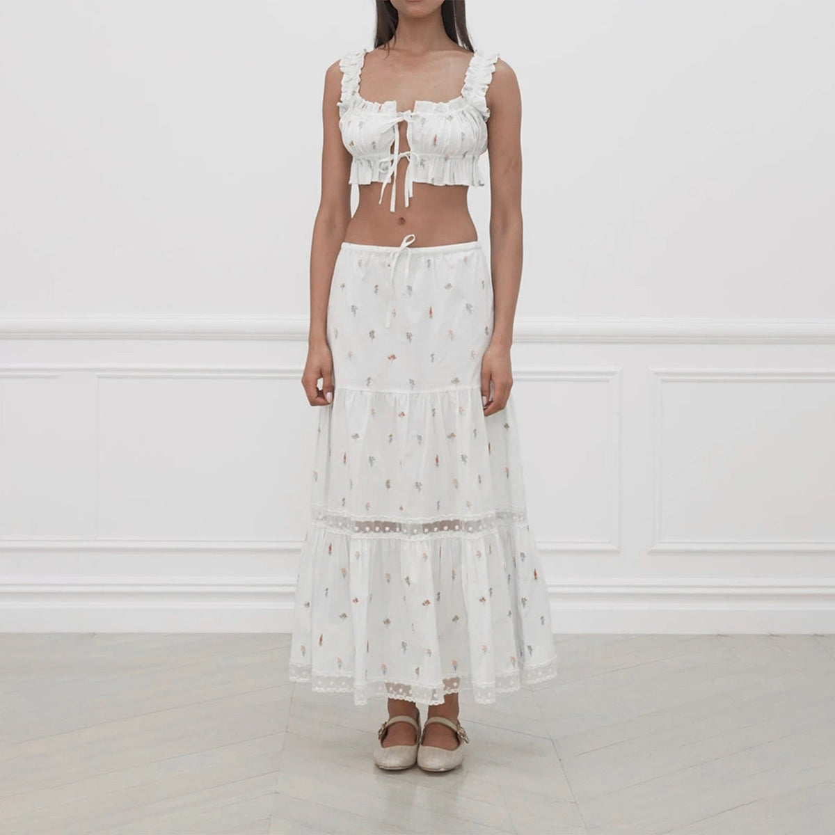 Aiertu  -  Vintage Frill Strap Front Tie Up Crop Tops + Maxi A-line Skirt Elegant Women Chic 2 Piece Set Fairy Y2K Matching Outfits Aiertu