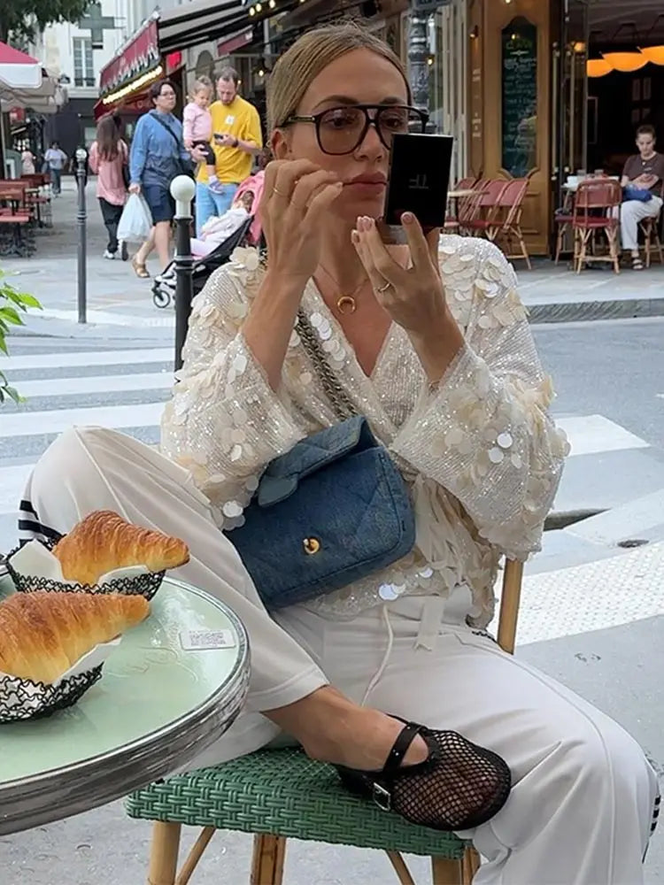 PICSGIRL - party look snspos Elegant Sequins Kimono Style Jacket For Women V Neck Long Sleeve Lace Up Thin Coats 2024 Autumn Female High Street Outerwear Aiertu
