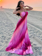 Aiertu  -  Rainbow Halter Pleated Suspender Large Swing Women Dress Summer Beach Backless Slim Dresses 2025 Summer Vacation Chic Lady Robe Aiertu