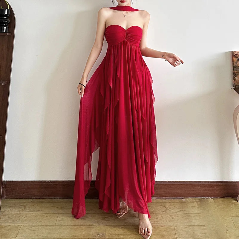 Aiertu  -  Chiffon Red Party Dresses Sexy Elagant Irregular Ruffle Sleeveless Backless Long Dresses for Women P94-FI59 Aiertu