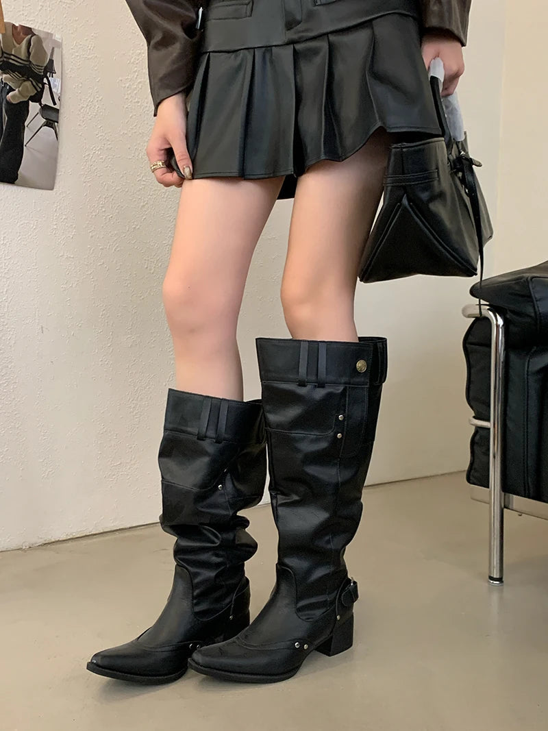 Aiertu    -  Black Boot Knee High Long Shoes Woman Pointed Toe Chunky Heels White Winter Boots Fashion Belt Buckle Rivet Wide-Leg Ladies Shoe Aiertu