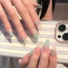 Aiertu  -  10PCS Summer Green Long Oval Handmade Press on Nail Gradient French with Bowknot Polka Dots Patterns Fake Nail Wearable Nail Tip Aiertu