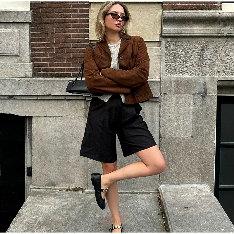 Aiertu  -  Vintage Suede Short Jackets Women Casual Lapel Single-breasted Long Sleeve Coat 2026 Autumn New Female Chic Brown Tops Outwear Aiertu