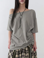 Aiertu  -  Solid Grey Loose Drawstring T-shirt Asymmetrical Off-shoulder Short Sleeve T Shirts Women Casual Summer Tees y2k Vintage Aiertu
