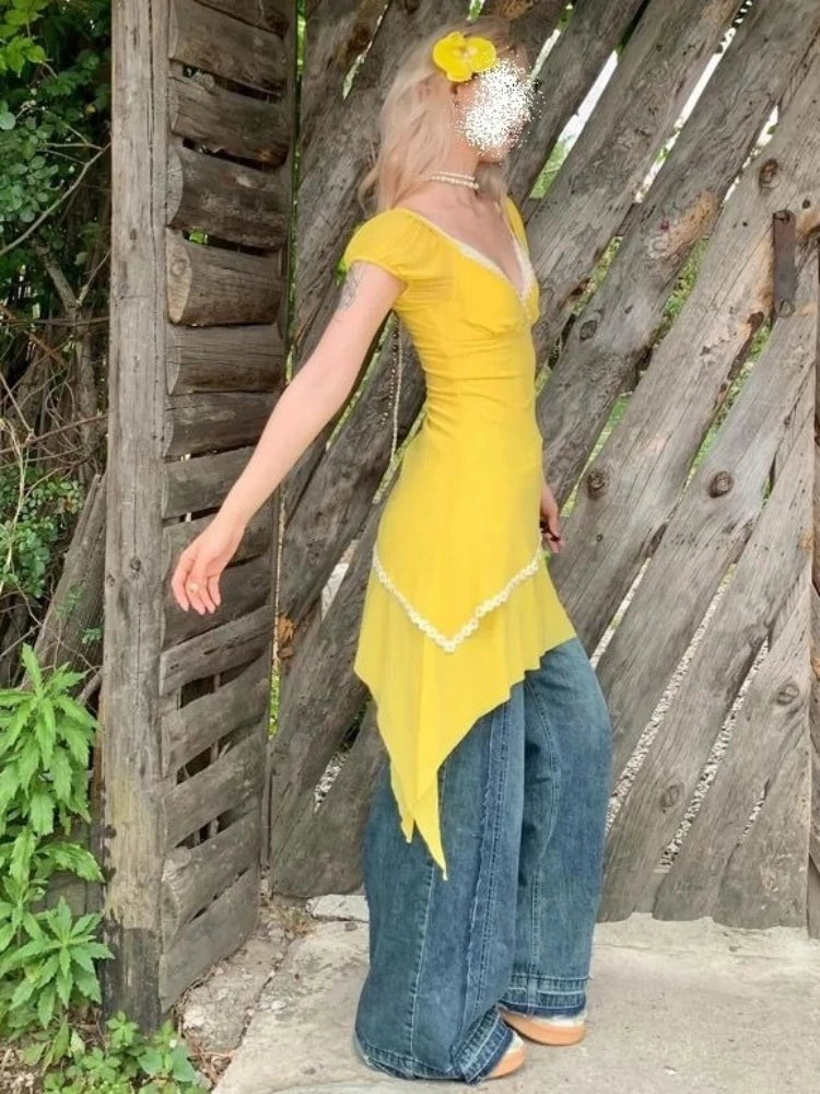 Aiertu  Summer Lace Patchwork Y2k Aesthetic Dresses Streetwear Women Irregular Grunge Dress Harajuku Puff Sleeve Sweet Mini Vestidos Aiertu