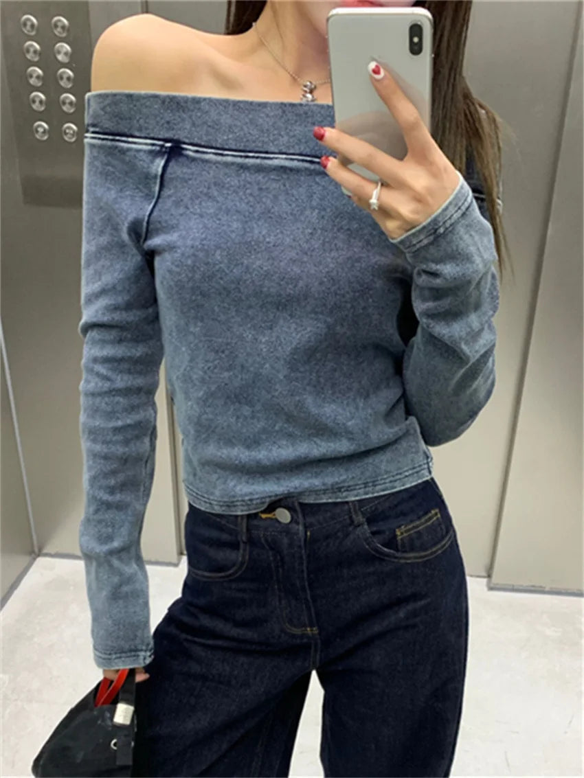 Aiertu  -  2026 High Street Tees Sexy Off Shoulders Women Spring Vintage Casual Slim Full Sleeve New Slash Neck Party T-shirts Aiertu