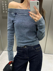 Aiertu  -  2026 High Street Tees Sexy Off Shoulders Women Spring Vintage Casual Slim Full Sleeve New Slash Neck Party T-shirts Aiertu