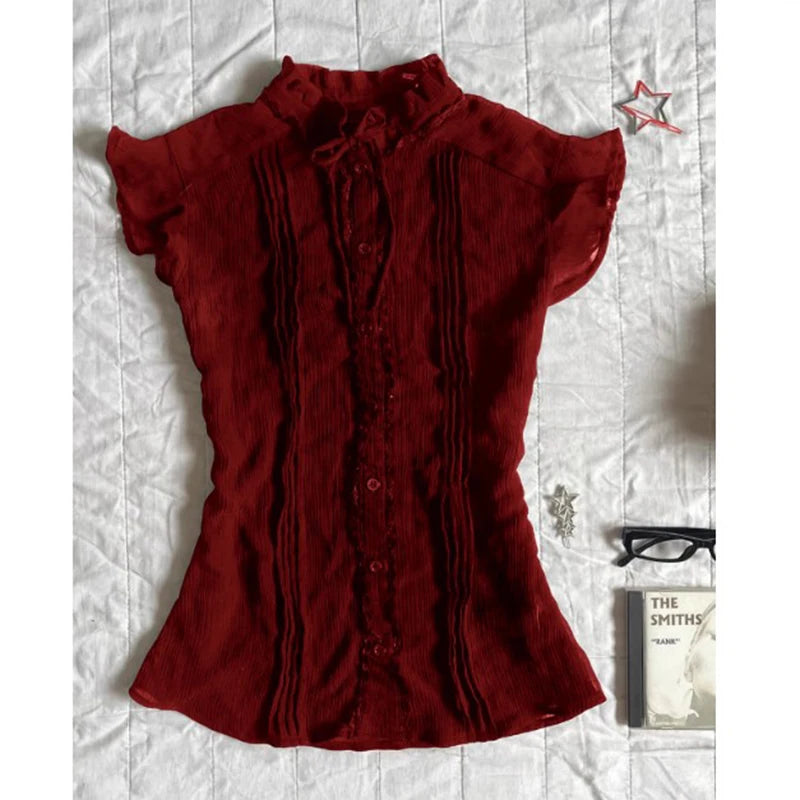 Aiertu  -  Vintage Shirts Women Harajuku Aesthetic Ruffles Lace Up Blouses Summer Ladies Korean Stand Flying Short Sleeve Design Tops Aiertu