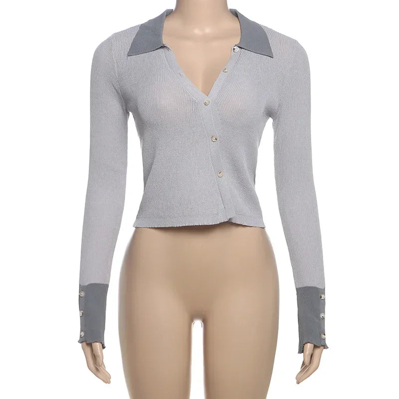Aiertu  -  Hollow Button Knitted Cardigan Top Female Sexy See Through Lapel Contrast Slim Spring New Long Sleeve Women's Sweater Top Aiertu