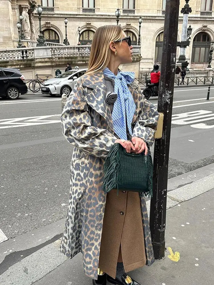 Aiertu  -  Fashion Leopard Printed Single Breasted Long Coats Casual Lapel Full Sleeve Pocket Loose Windbreak Autumn Lady Commute Outwear Aiertu