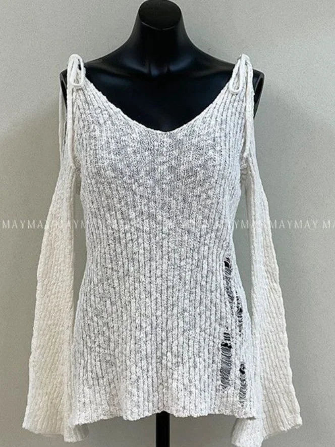 Aiertu  -  Punk Gothic Mid-long Length Knitted Tops Women 2025 Solid Hollow Out Hole Flare Sleeve Loose Y2k Streetwear Pullover Top Female Aiertu
