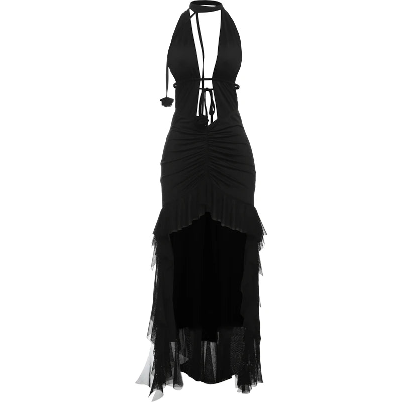 Aiertu  -  Mesh Bandage Backless Dress Women Sexy Halter Low-Neck Sleeveless Slits Ruffles Robe Hottie Vacation Hispter Outfits Aiertu